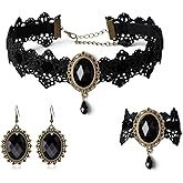 Gothic Victorian Style Vampire Choker Necklace Bracelet Earrings Set,Halloween Pirate Steampunk Witch Vampire Costume Accessories Jewelry for Women,Adjustable Size