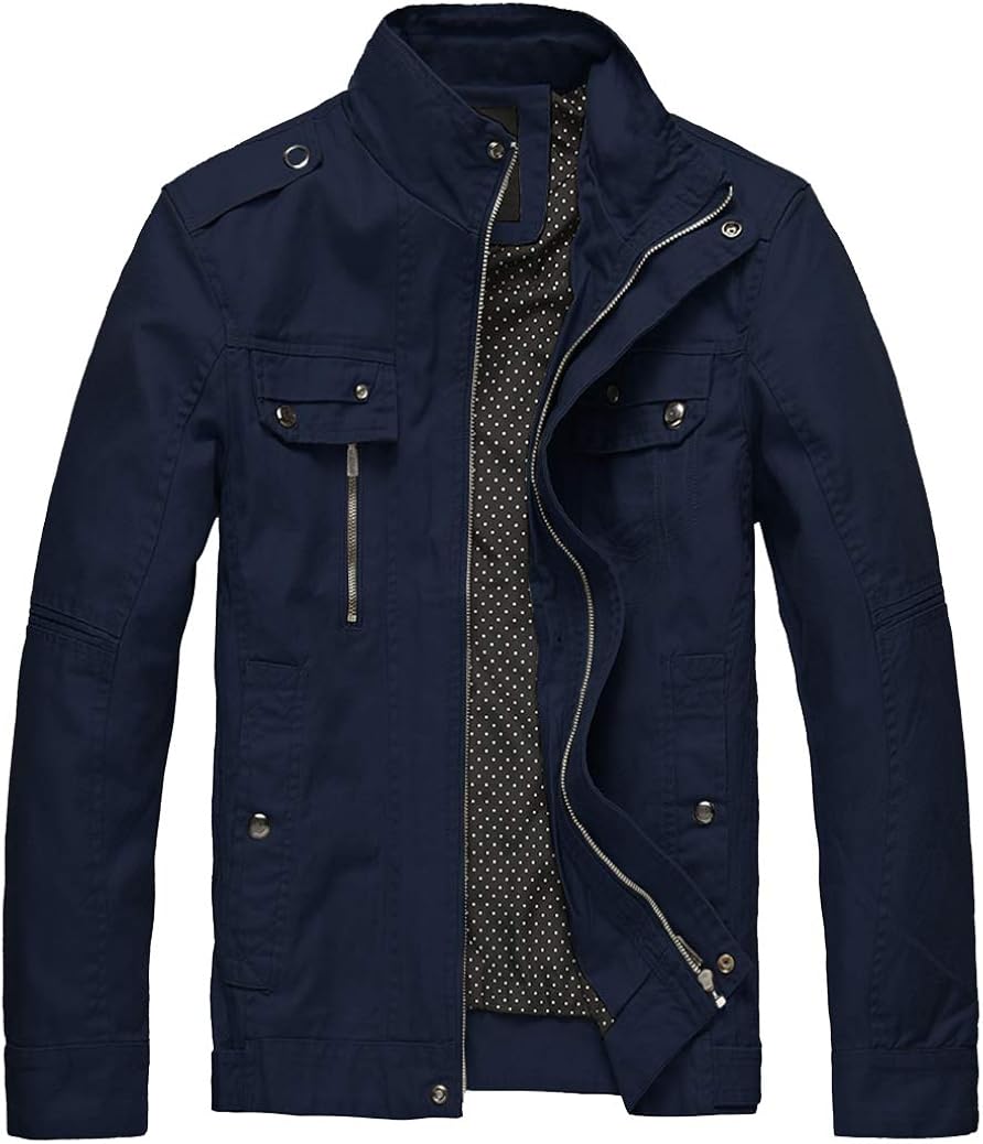 Wantdo Men's Cotton Stand Collar Lightweight Front Zip Jacket at  Men’s Clothing store