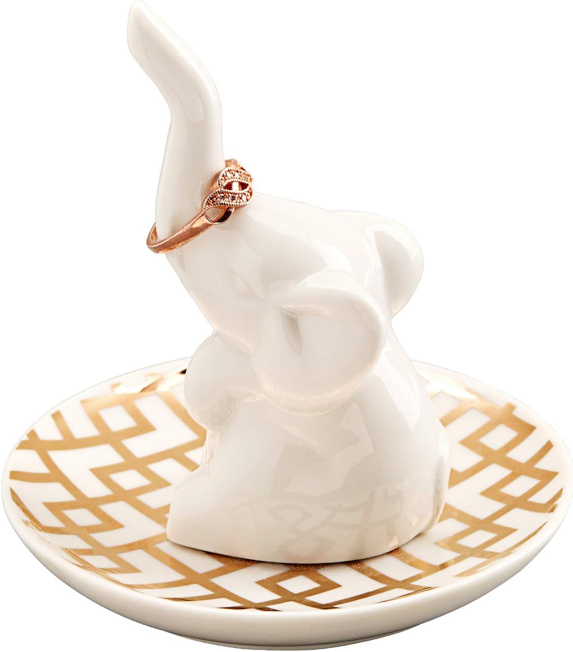 HOME SMILE White Elephant Ring Holder with Decorative Gold Design Dish,Christmas Birthday Gifts for Women Girls
