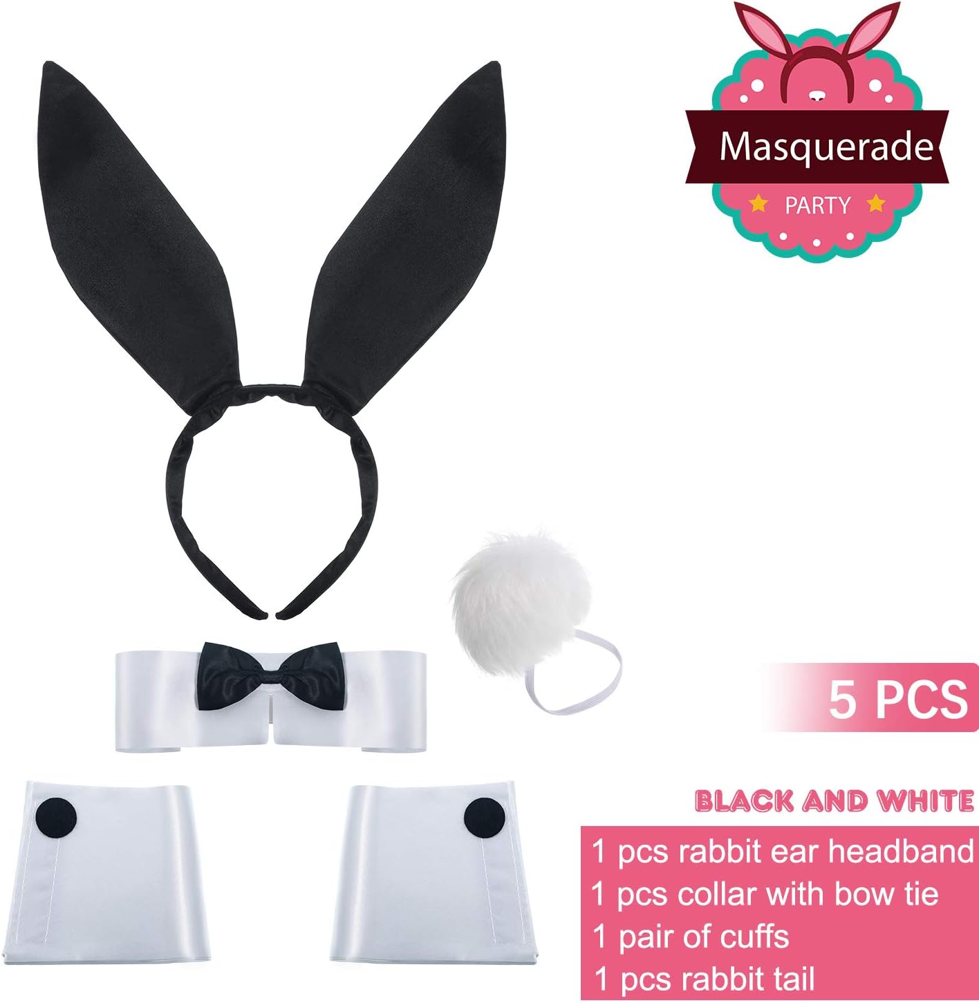 SATINIOR Women's Bunny Accessory Set Rabbit Ear Headband Collar Bow Tie Costume Cuffs Rabbit Tail for Halloween Costume - Image 3