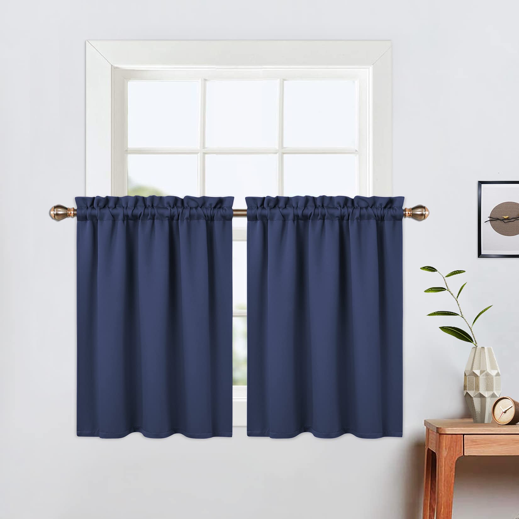 LinTimes Blackout Short Curtains 24 Inches Long for Bathroom Set 2 Panels Rod Pocket Cafe Tier Curtains Light Blocking Blackout Room Darkening Camper Curtains for Small Windows Kitchen Navy Blue