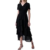 Olaesa Women's Chiffon Tiered Midi Dress Short Sleeve Layered Flowy Long Dress Smocked Waist Wedding Guest Dresses