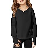 Haloumoning Girls Oversized Long Sleeve T Shirts Kids Casual V Neck Cute Tops Basic Tees with Thumb Holes 4-14Y