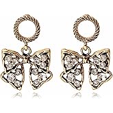 Handmade Unique Retro Bow Earring Vintage Water Diamond Hollow Bow Dangle Drop Earrings for Women