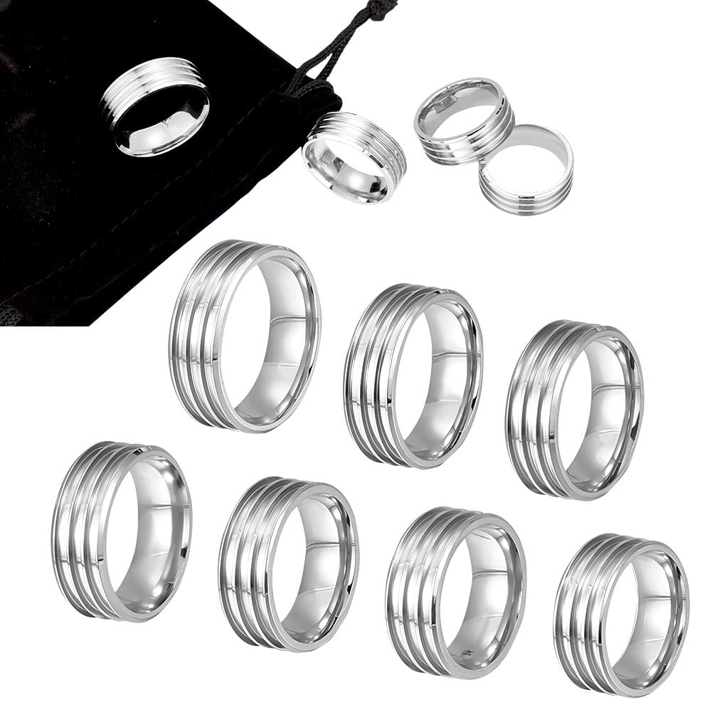 UNICRAFTALE 7pcs 7 Sizes Stainless Steel Triple Grooved Blank Core Ring with Velvet Pouches Grooved Finger Rings Set Round Empty Ring for Inlay Ring Jewelry Wedding Band Making