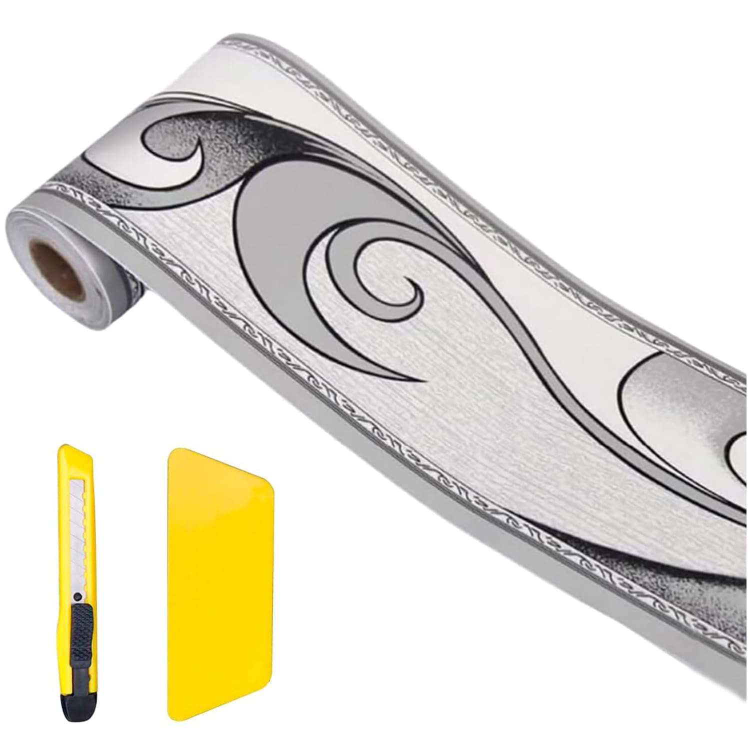 Angelkiss Wallpaper Border, Royal Silver Grey Wave Pattern, Border, Removable Wall Decoration, Ceiling Sticker, Kitchen, Bathroom, Wall Decoration, 11 cm x 1000 cm (2 Pieces)