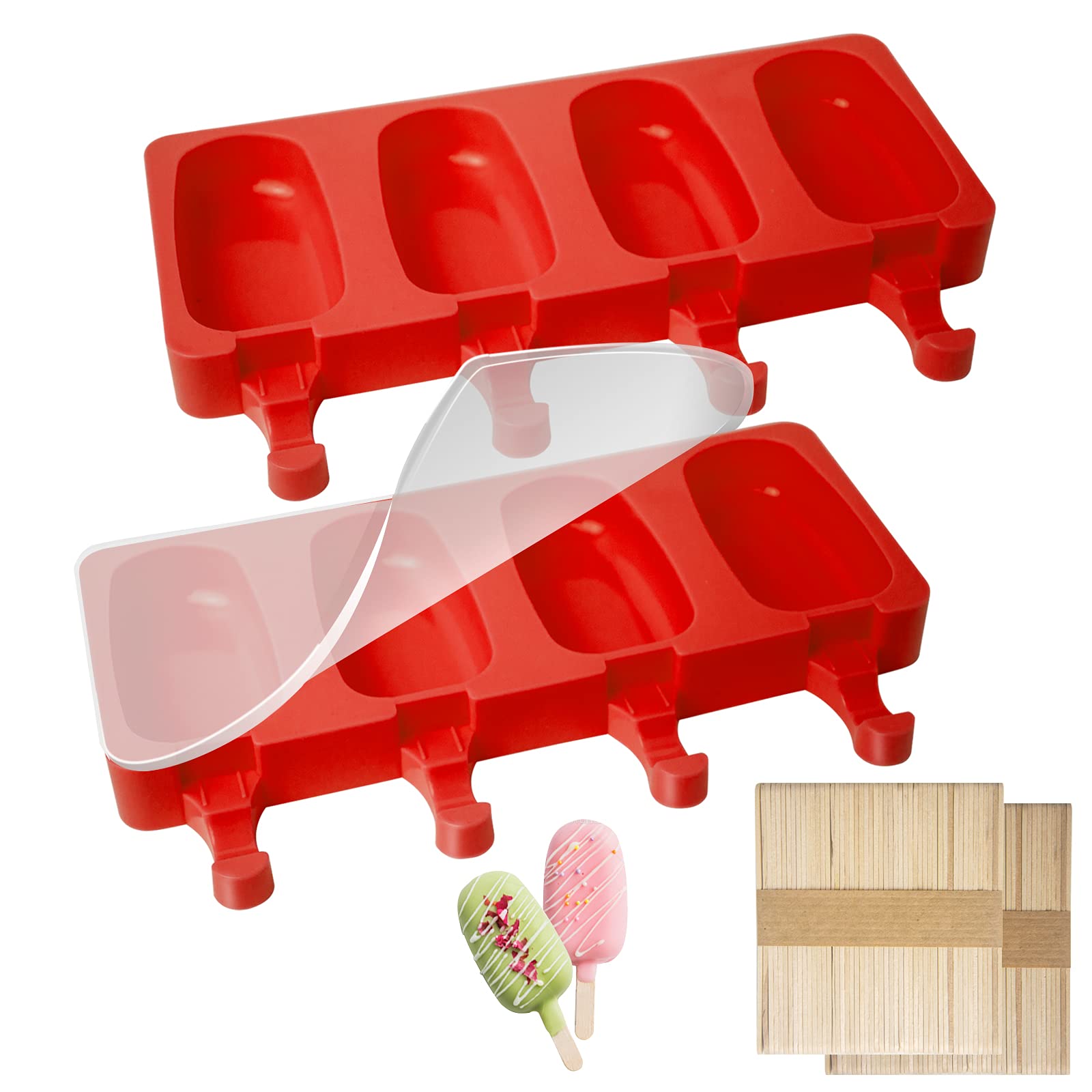 2Pcs Ice Lolly Moulds with Sticks, Non-Stick Cakesicle Moulds, Silicone Ice Popsicle Mould with Lid, 100 Sticks and 50 Popsicle Bags for DIY Ice Cream, BPA-Free