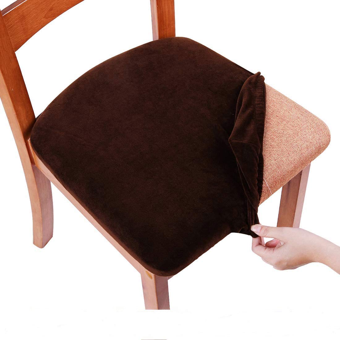smiry Stretch Chair Seat Covers for Dining Room, Velvet Dining Chair Seat Protectors Chair Slipcovers, Set of 6, Coffee