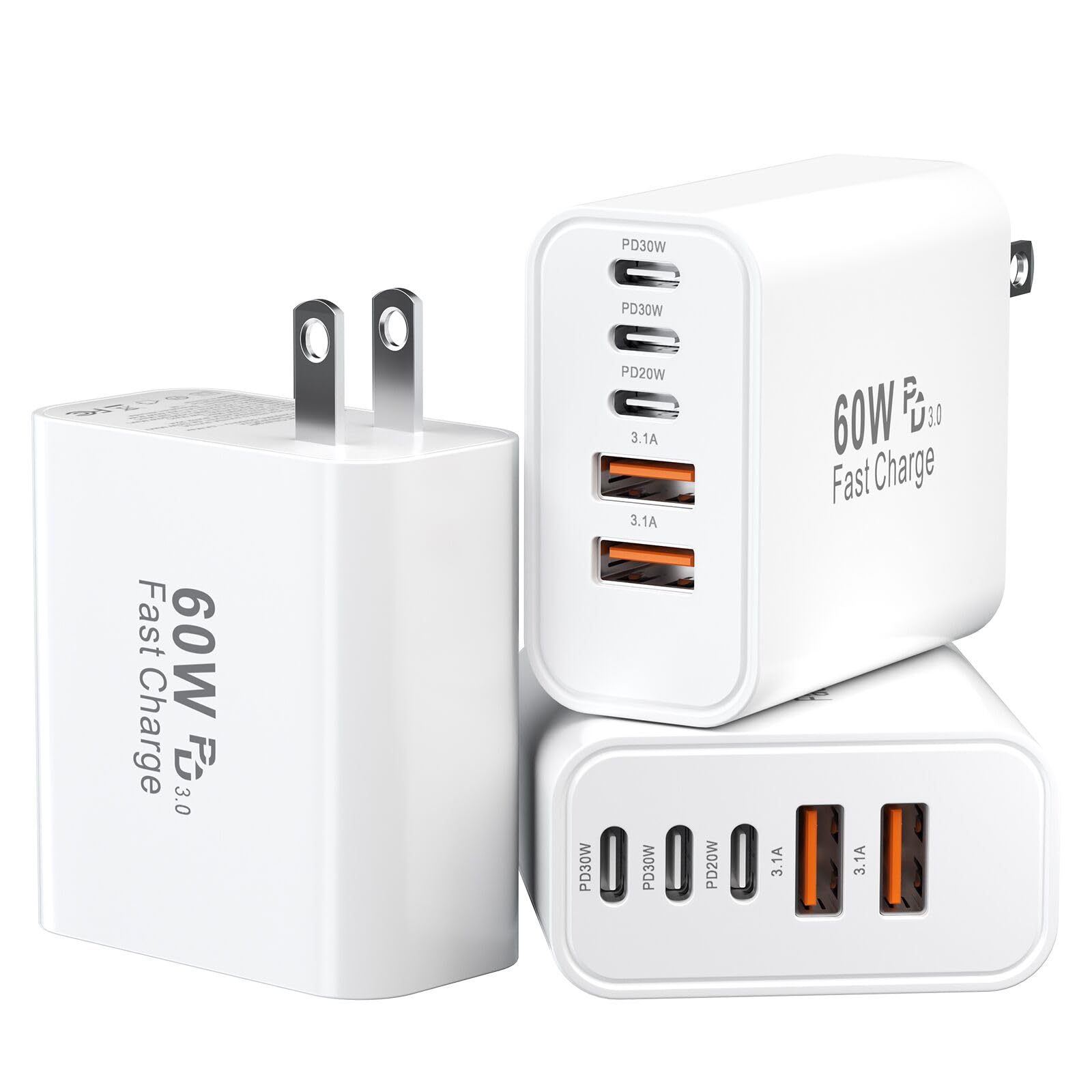 USB C Charging Blocks, 60W USBC Wall Fast Charger Block, Type C Phone USB C Charger Fast Charging Brick, 5-Port Multiport Charger Plug Power Adapter for Phone 17/16/15/14/13 Pro Max, Pad, S25-3Pack