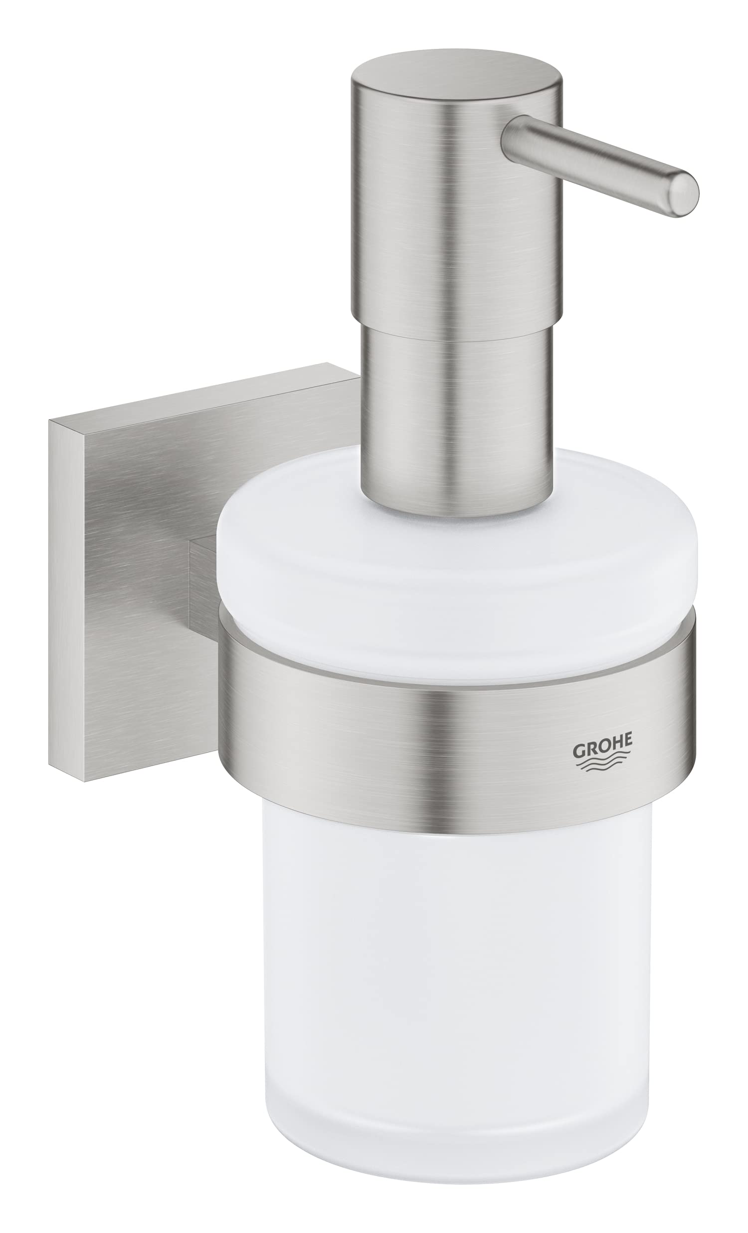 GROHE Start Cube Soap Dispenser with Holder (Material: Frosted Glass & Metal, Filling Quantity 160 ml, with Screws and Dowels), Size 158 mm, Easy to Fit with GROHE QuickGlue, Stainless Steel, 41098DC0