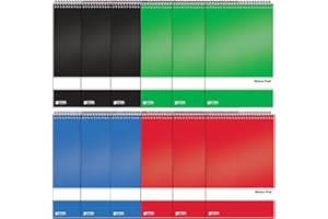 Better Office Products Spiral Steno Pads, 12 Pack, 6 x 9 inches, 80 Sheets, White Paper, Gregg Rule, Assorted Solid Colors (Red, Black, Blue, Green), 12 Steno Notebooks