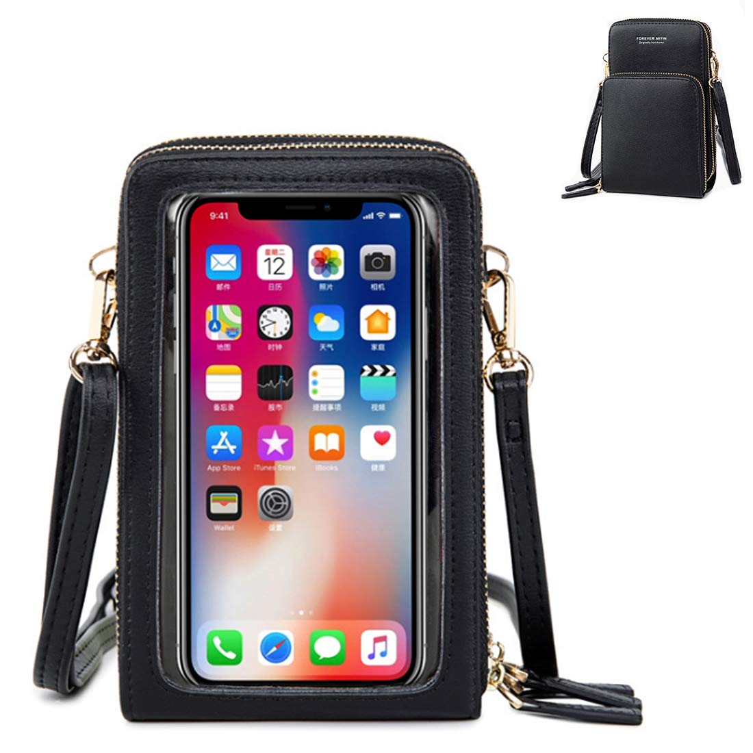 Youlity Touch Screen Mobile Phone Bag Women Crossbody Bag with Clear Window Small Leather Shoulder Bags Ladies Multifunctional Lager Capacity Purse Wallet Pouch bag with Strap (Black)
