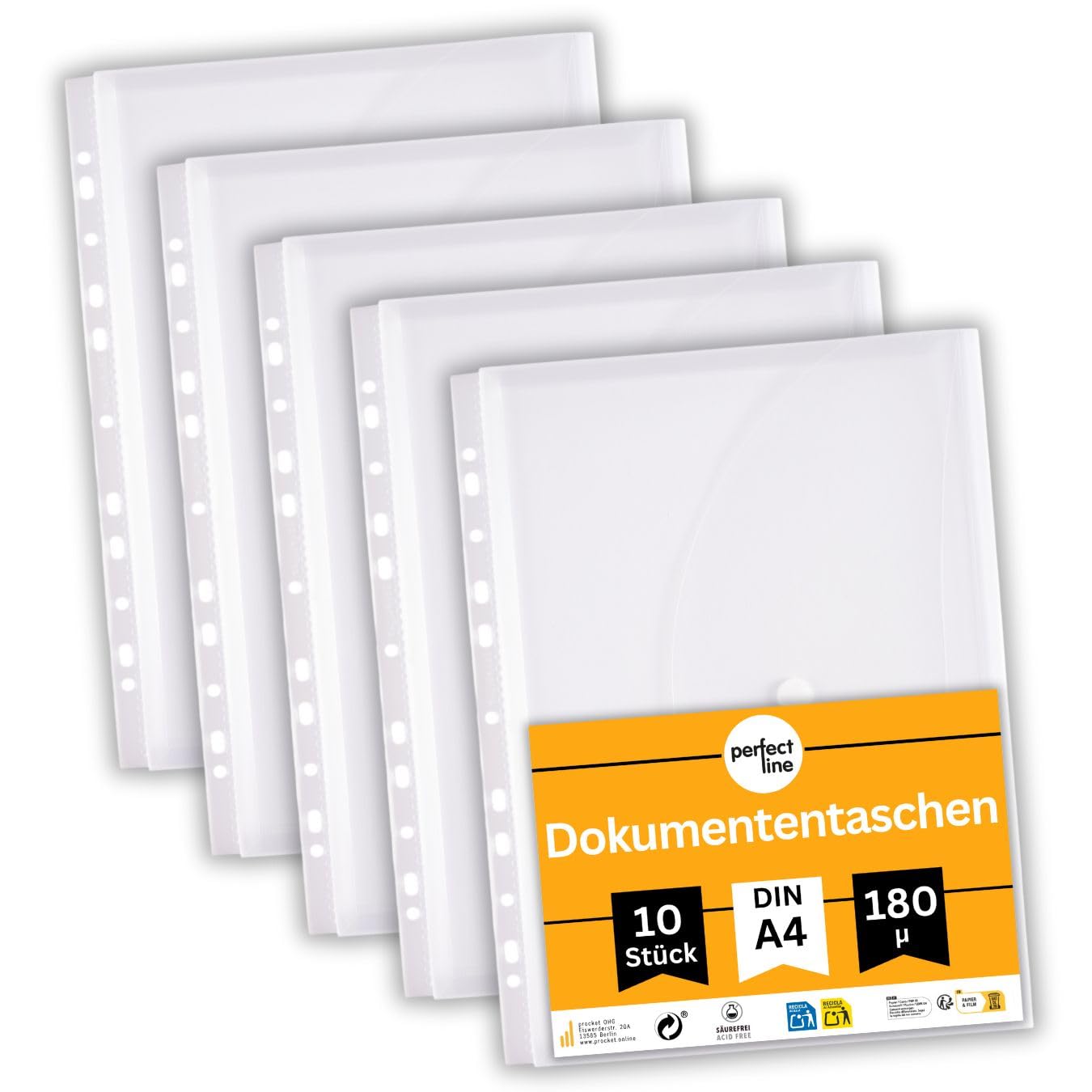perfect line 10 pcs. DIN-A4 Document Wallets, 20 mm Capacity, Transparent & Clear Covers, Leaflet Cover with Flap, Hook and Loop Fastener & Filing Strip, Collection Sheet