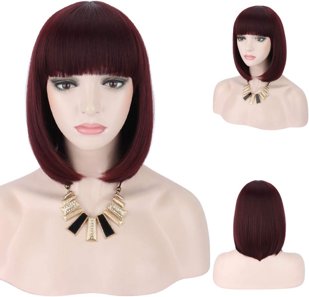 Vetements Perruques Et Postiches Pour Adultes Kalyss Perruque Courte Bob Pour Femme Rouge Vin Aspect Naturel Cheveux Raides Perruque Bob Cheveux Perruque Avec Frange Pour Cosplay Halloween Fete De Noel