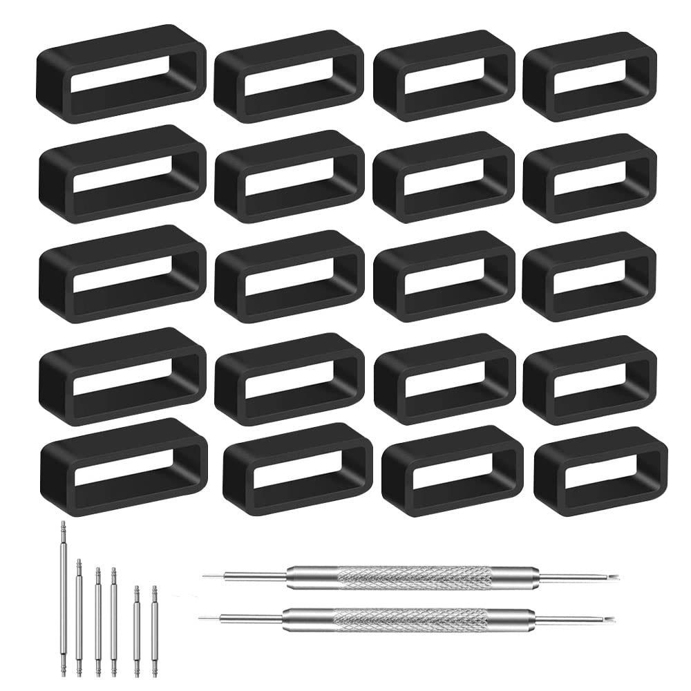 YIXISI 20 PCS Watch Strap Loops, Rubber Watch Strap Retaining Hoop, Replacenment Secure Ring with 20 pcs Watch Pins and 2 Watch Strap Removal Tool (18mm, 20mm, 22mm, 24mm)