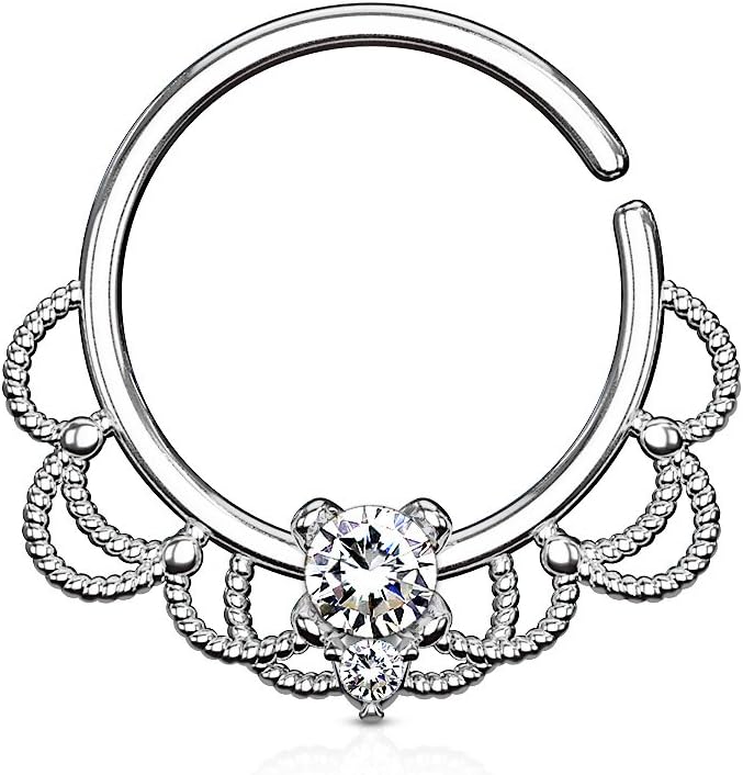 Filigree Bendable Hoop for Nose, Septum, Daith and Ear Cartilage with Clear CZ Gem Centre