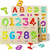 GRINNNIE Toddler Puzzle for 2 3 4 Years Old, Wooden Alphabet Number Peg Puzzles for Preschool Toddlers Age 2-4, Great Learnin