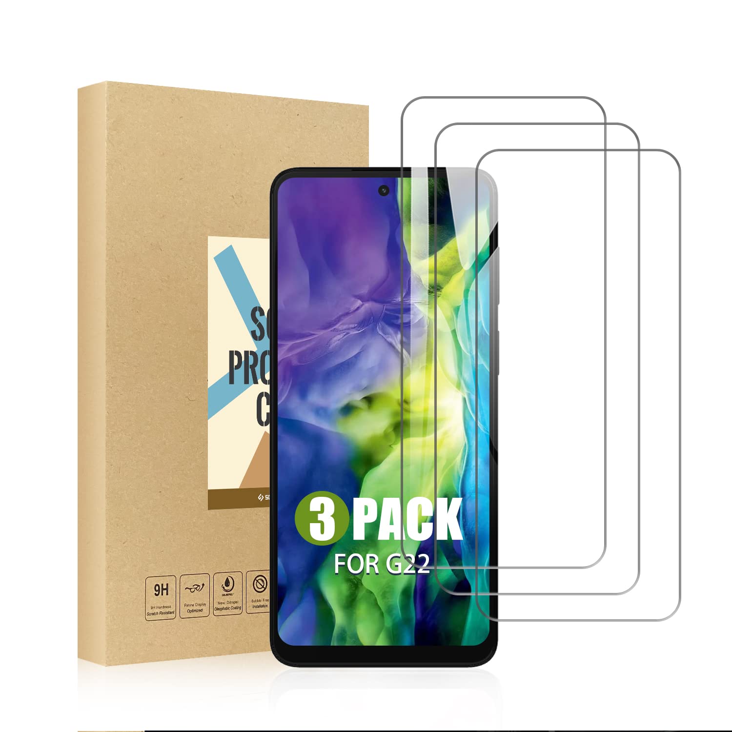 SCL Screen Protector Compatible with Moto G22 Screen Protector Motorola G22 Tempered Glass Film [3-Pack], [Easy Installation, Case Friendly, Bubble-free, 9H]