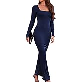 LUOFEN Women's Long Sleeve Maxi Dress Square Neck Ribbed Bodycon Dresses Formal Fitted Wedding Guest Dress 2025