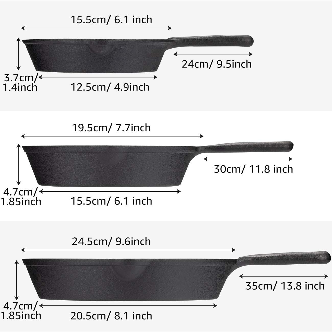 OVERMONT Pre-Seasoned Cast Iron Skillet Set, 3-Piece Frying Pans (6"-15cm, 8"-20cm, 10"-25cm), Oven Safe - Image 3