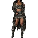 Geulis Women’s Camo Trench Coat Distressed Fray Hem Long Overcoat Army Fatigue Camouflage Jackets with Belt