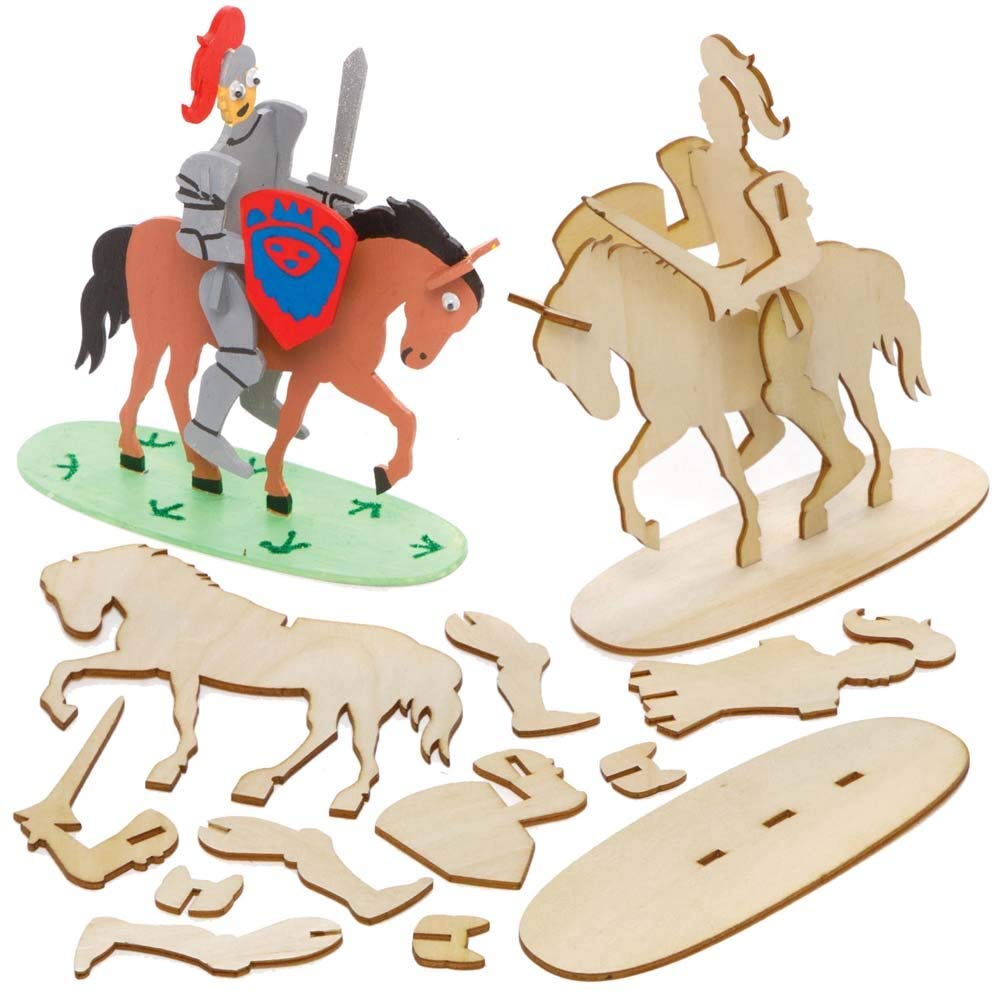 Baker Ross FE277 Knight Woodcraft Kits - Pack of 4, Wooden Crafts for Children to Decorate and Display, Kids Educational Activity