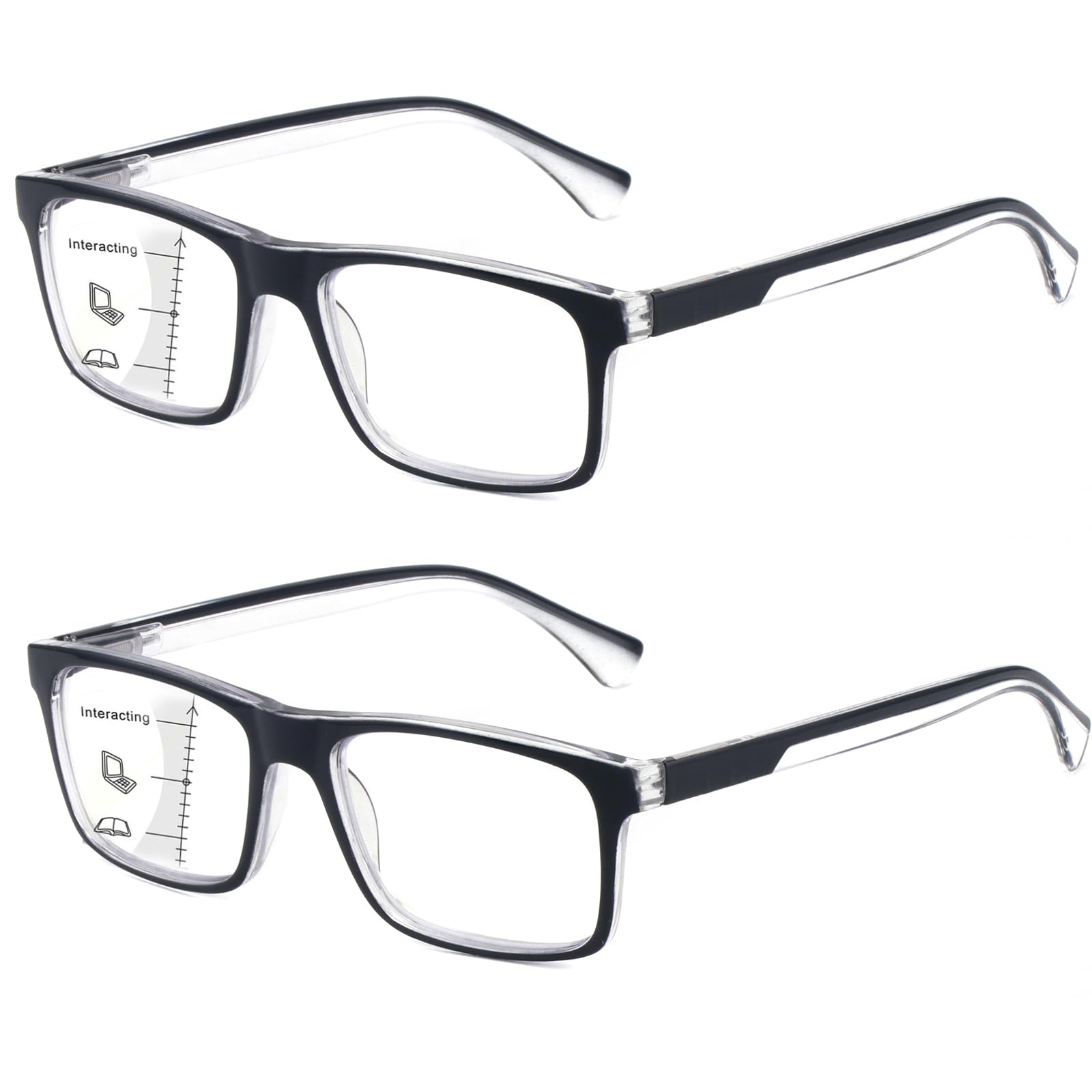 Photo 1 of Missfive 2-Pack Mens Light Multifocus Progressive Reading Glasses Blue Light Blocking, Multifocal Spring Hinge No-Line Trifocal Readers Black Eyeglasses(Workspace For Near Range, +2.5)