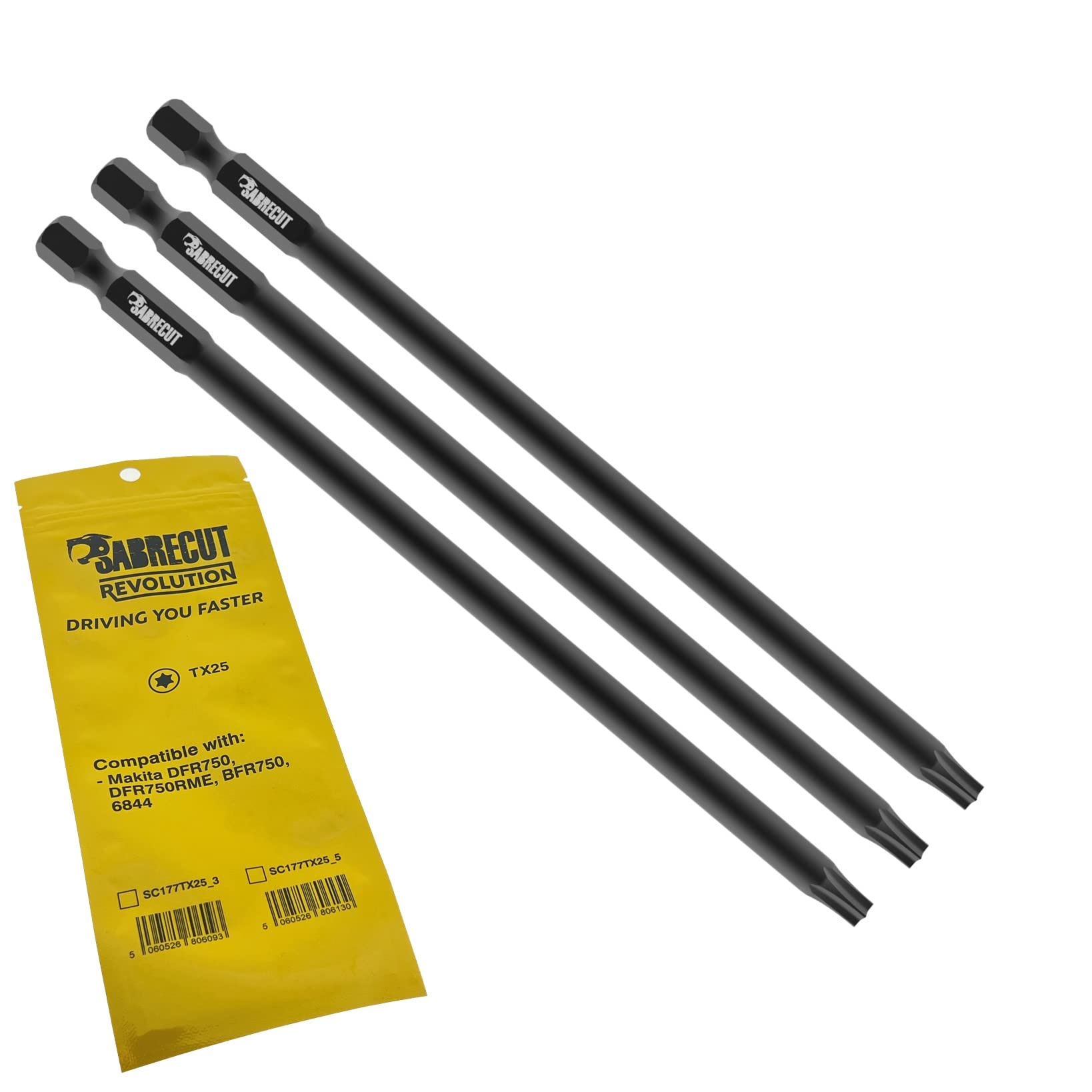 3 x SabreCut SC177TX25_3 177mm TX25 Compatible with Makita DFR750 DFR750RME BFR750 6844 Autofeed Collated Drywall Screwdriver Gun Bit Single Ended Torx No.25 Heavy Duty
