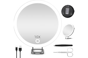 JADAZROR 10X Magnifying Mirror with Lights, Large 10X Makeup Magnifying Mirror, Lighted 10X Magnification Mirror with 360° Stand & Suction Cup, 6inch Travel Magnifying Mirror Portable 10X LED Magnifying Mirror