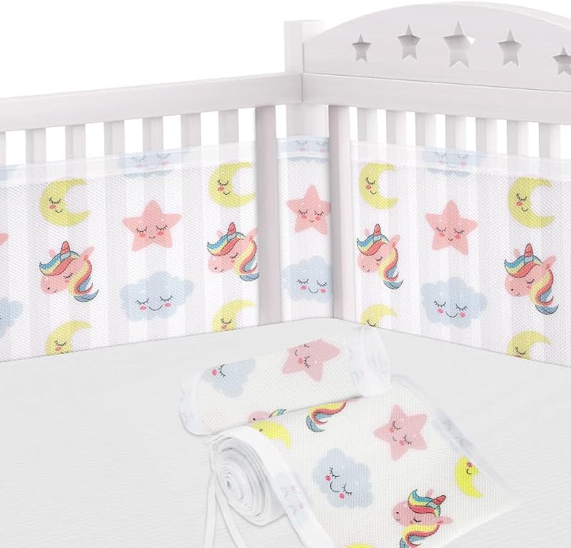 Aolso Cot Bumper 2Pcs Breathable Mesh Crib Rail Cover Unicorn