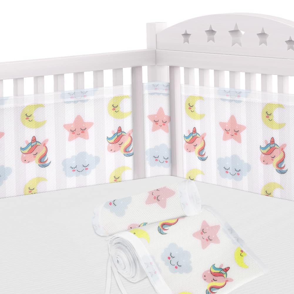 Aolso Cot Bumper, 2Pcs Breathable Mesh Cot Liner, Crib Rail Cover Baby Crib Bumper, Baby Boys Girls Nursery Breathable Crib Bed Liner Bumper (Unicorn）