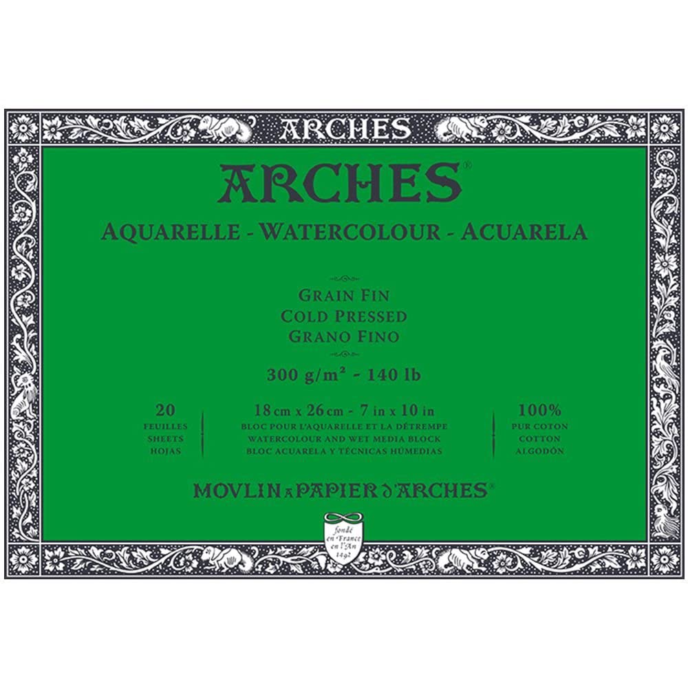 Arches - A1795058 - Watercolour Paper Block - 7" x 10" - 20 Sheets - 300gsm - Cold Pressed - White