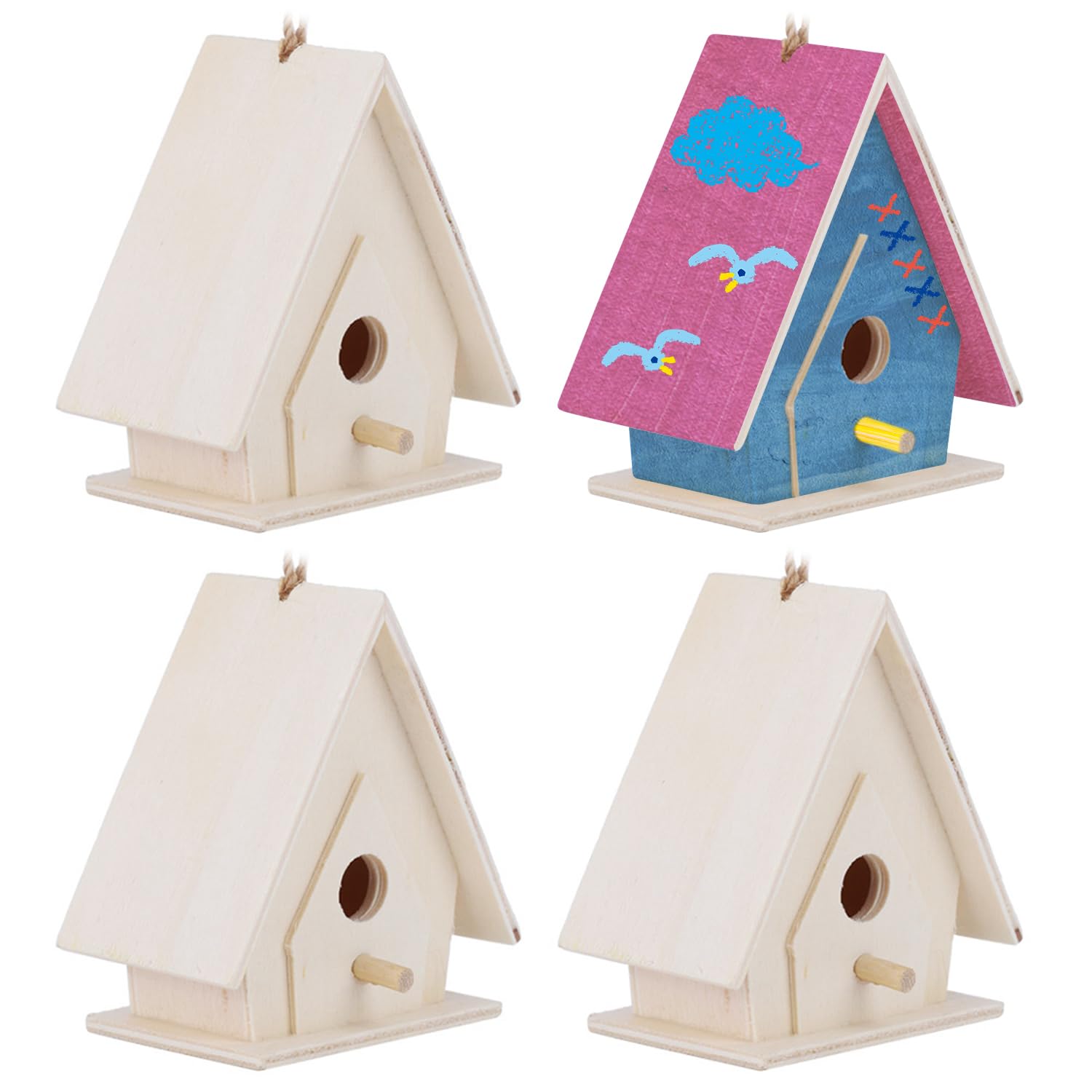 Mini Wooden Bird Houses, Creative Wooden Hanging Bird House with Hanging Cords DIY Outdoor Ornament Crafts for Garden Courtyard Decor, 7x4x6.5 cm