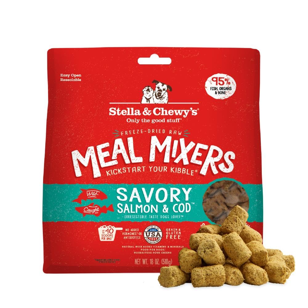 Stella & Chewy's Freeze-Dried Raw Salmon & Cod Meal Mixers- Dog Food Topper and Mixer - Made with 95% Wild-Caught Salmon & Cod, Organs & Bone - Perfect for Picky Eaters - Grain-Free - 18 oz Image Stella & Chewy's Freeze-Dried Raw Salmon & Cod Meal Mixers- Dog Food Topper and Mixer - Made with 95% Wild-Caught Salmon & Cod, Organs & Bone - Perfect for Picky Eaters - Grain-Free - 18 oz Image