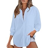 Astylish Womens Cotton Button Down Shirts Long Sleeve Linen Tops Casual Collared Blouses Loose Fit