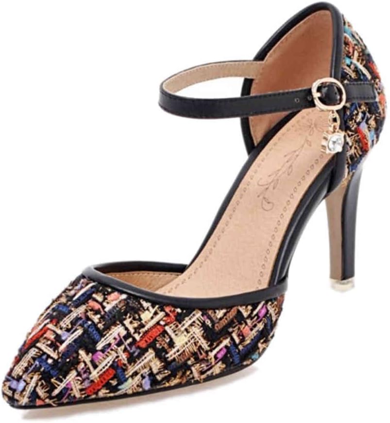 SJJH Pumps with Thin Heel and Pointed Toe Elegant Plaid Sandals with Large Size