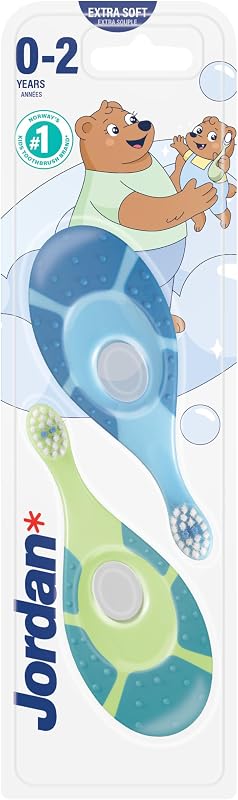 Jordan ® | Step 1 Baby Zahnbürste | Baby Zahnbürste 0-2 Jahre | Die Original Kleinkindzahnbürste mit extra weichen Borsten und weichem Beißring für Babygummis und Easy Grip | Gemischt | 2-pack