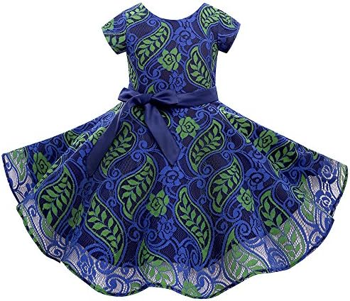 HBBMagic Fashion Girls Short Sleeves Round Neck Lace Floral Audrey 1950s Vintage Swing Party Dress, Blue/Green, Size 8