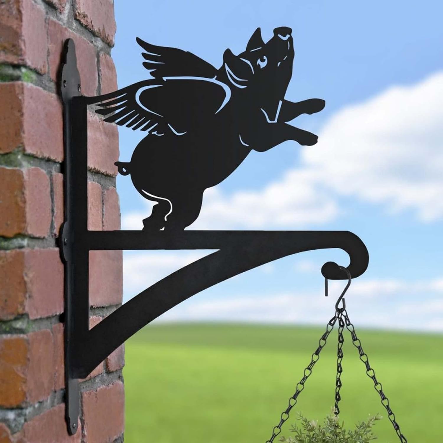 Outdoor Hanging Brackets - BAYN Plant Hangers Outdoor Iron Heavy Duty Ornamental Flying Pig Silhouette Wall Mounted Hanging Plant Bracket for Flower Pot Lantern Bird Feeder Wind Chimes