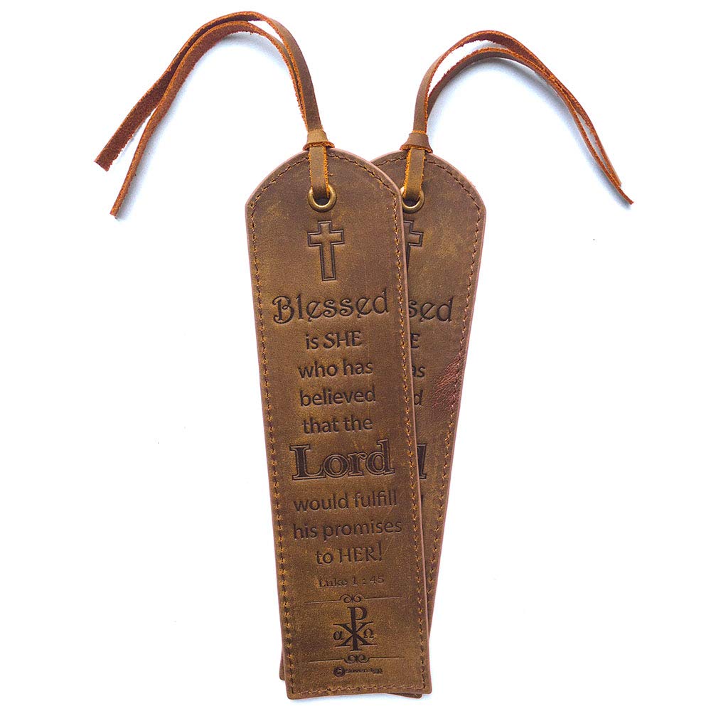 Leather Bible Bookmarks - 2 Leather Christian Bookmarks with Inspirational Bible Verse | Luke 1: 45 Blessed is She | Perfect Religious Book Marker Gifts for Men, Women, Readers and Friends — image 1
