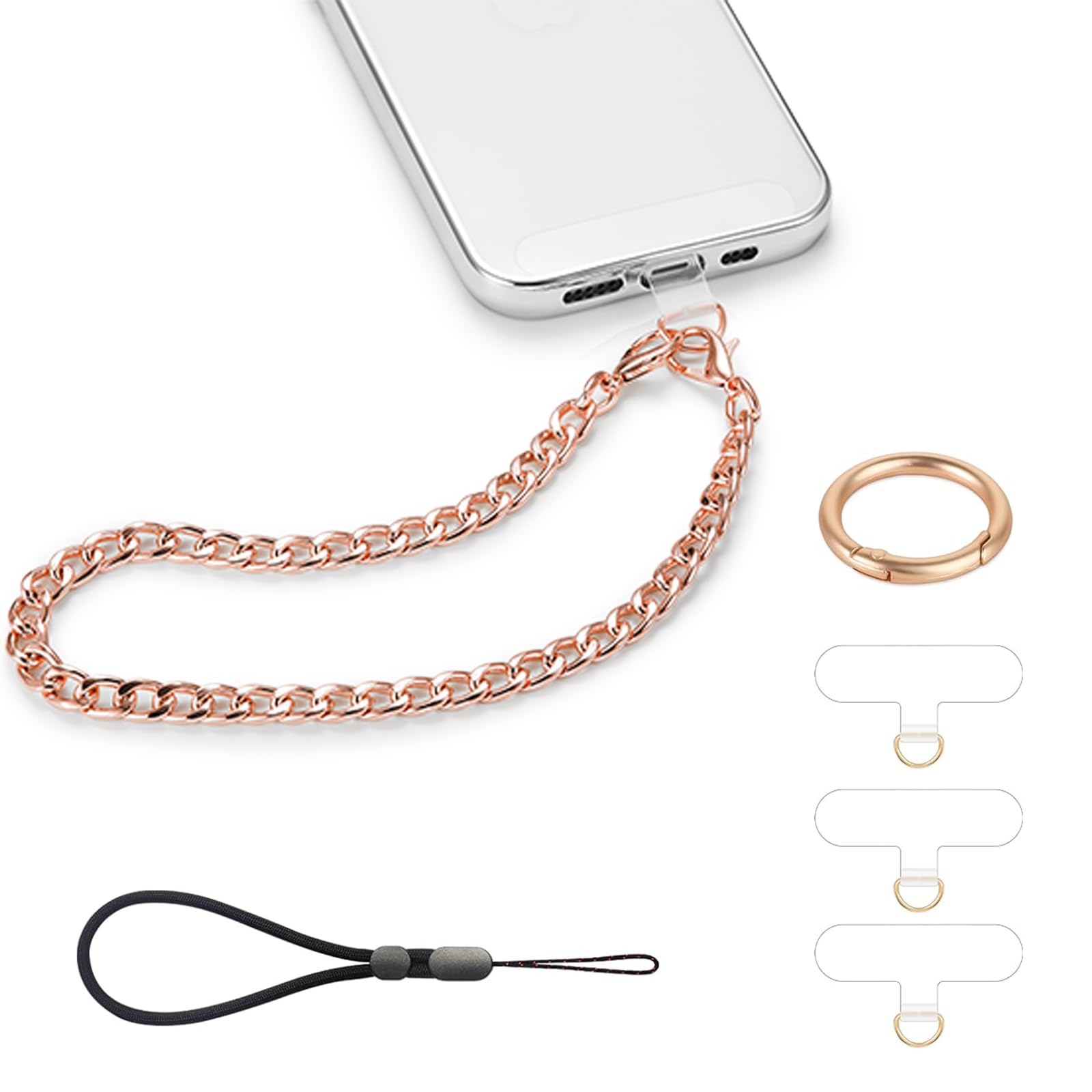 Casecond Phone Charm with Gold Metal Chain Detachable Phones Lanyard Hand Wrist Strap Adjustable Phone Finger Grip Wristlet with 3 Patches Tether Universal for iPhone 16 Pro Max 15 Charms Rose Gold