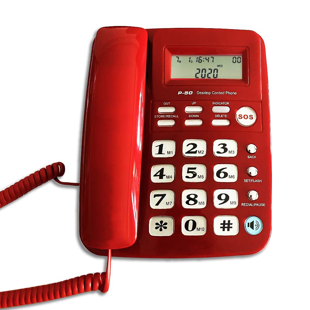 Corded Phone with Caller ID, HePesTer P-50 Home Landline Phone for Elderly Seniors Wired Desk Telephone with SOS Emergency Button/Speed Dial/Speakerphone (Red)