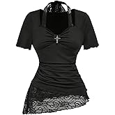 SOLY HUX Women's Y2k Grunge Goth T Shirts Short Sleeve Lace Halter Tee Tops Fairy Festival Rave Outfits