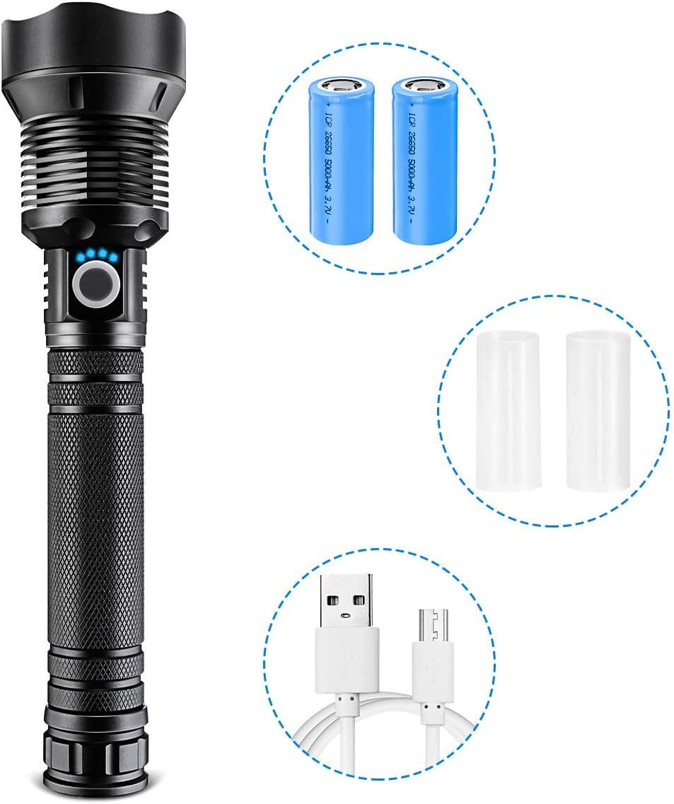 LED Flashlight, 90000 Lumens, Zoomable & Most Powerful Torch with 26650 Battery & USB Rechargeable, 3 Modes Searchlight for Outdoor or Home Emergency (P70 - Black) - - 