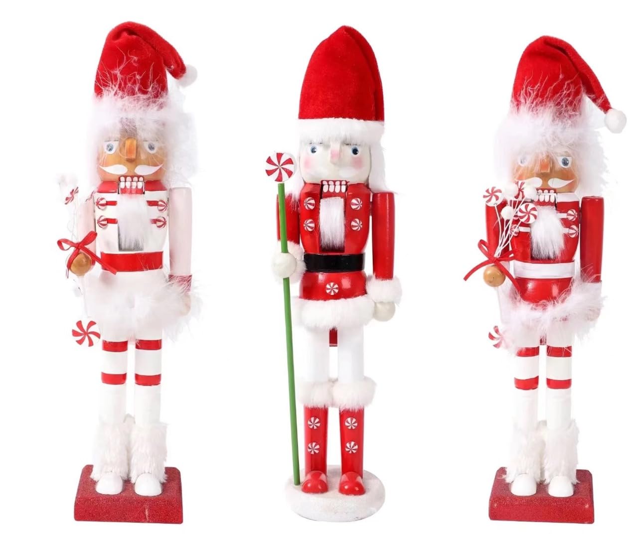 38cm Red/White Santa Candy Cane Wooden Christmas Nutcrackers - 3pcs Set - Soldiers King Puppet Figurines Home Decoration Ornament