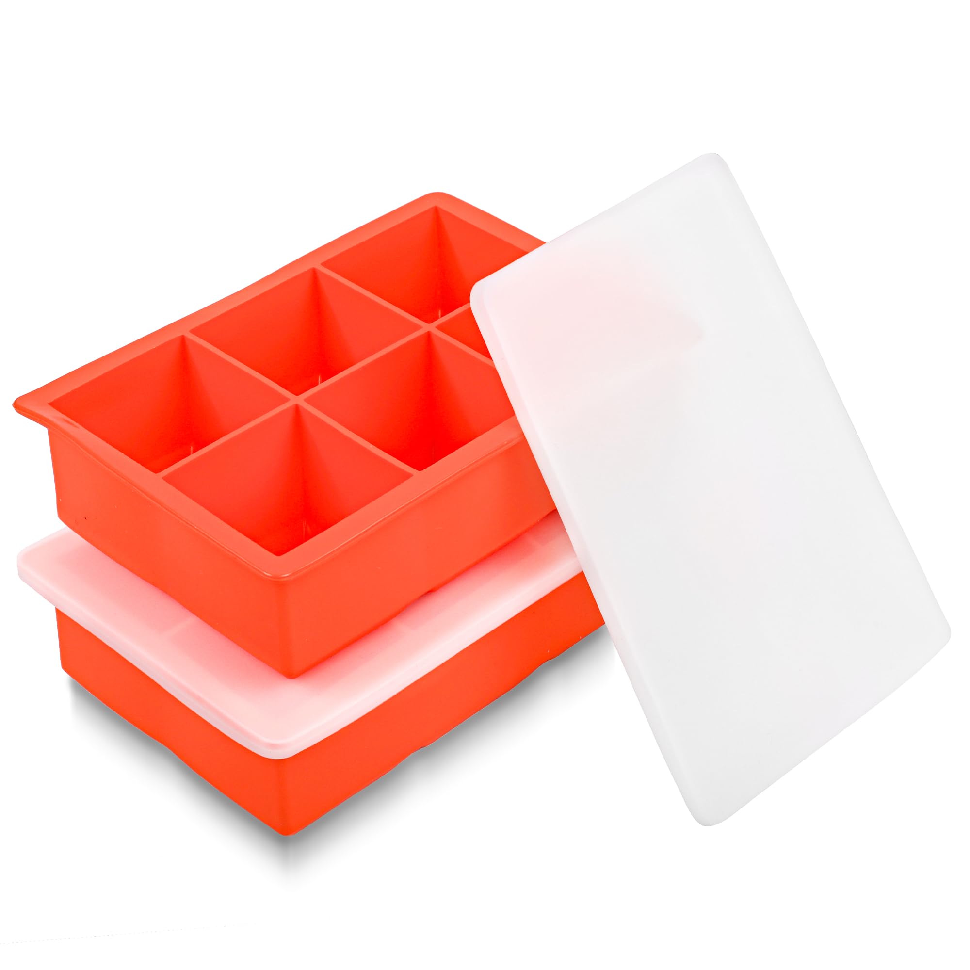 YHT 2 Pack Large Ice Cube Tray Molds with Lids,Black Reusable Silicone Square Ice Cube Maker Moulds for Whiskey,Cocktails,Drinks(Orange)