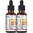 (2 Pack) Organic Vitamin D3 K2 Drops 5000 IU with MCT Oil Omega 3 - Maximum Strength Liquid D3 with No Fillers, Non-GMO for Faster Absorption, Immune Support (Strawberry, 2 Fl Oz)