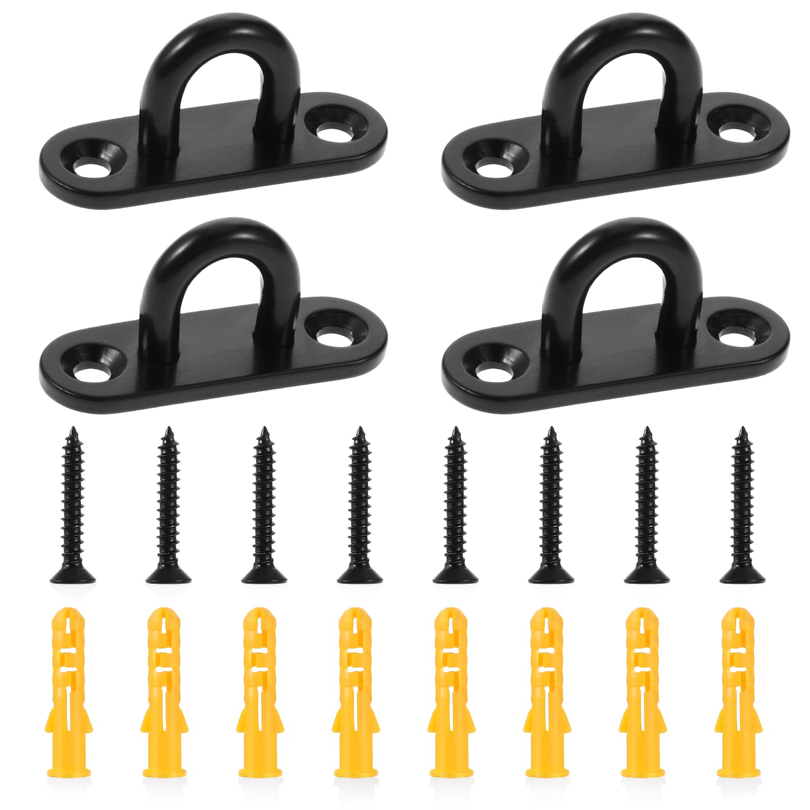 KALIONE 4 Pack Pad Eye Plate Hooks Black Metal Ceiling Hooks Stainless Steel U Shaped Bracket Hook for Hanging, Wall Mount Marine Hardware Hook with Screws