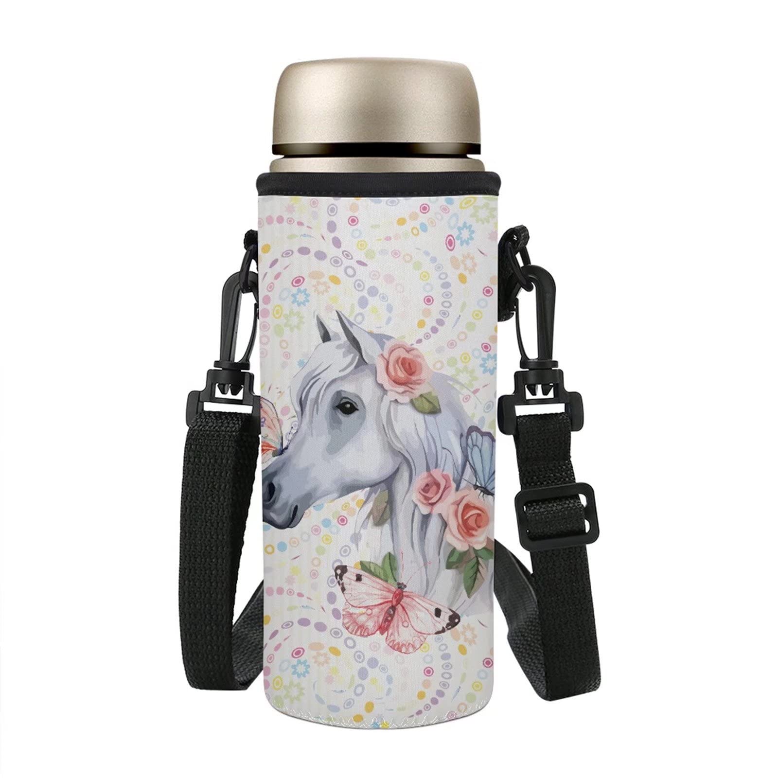 COEQINE Insulated Water Bottle Carrier Bag Case Pouch Cover with Adjustable Shoulder Strap Design Floral Hose Pattern for Girls Women School Travel Hiking Walking Bottle Carrier Bag