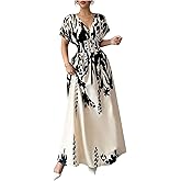 MakeMeChic Women's Floral Maxi Dress V Neck Short Sleeve Flowy Summer Business Casual Long Dresses